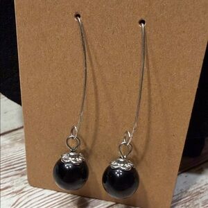 black onyx bead dangle earrings with silver V-shaped ear wires